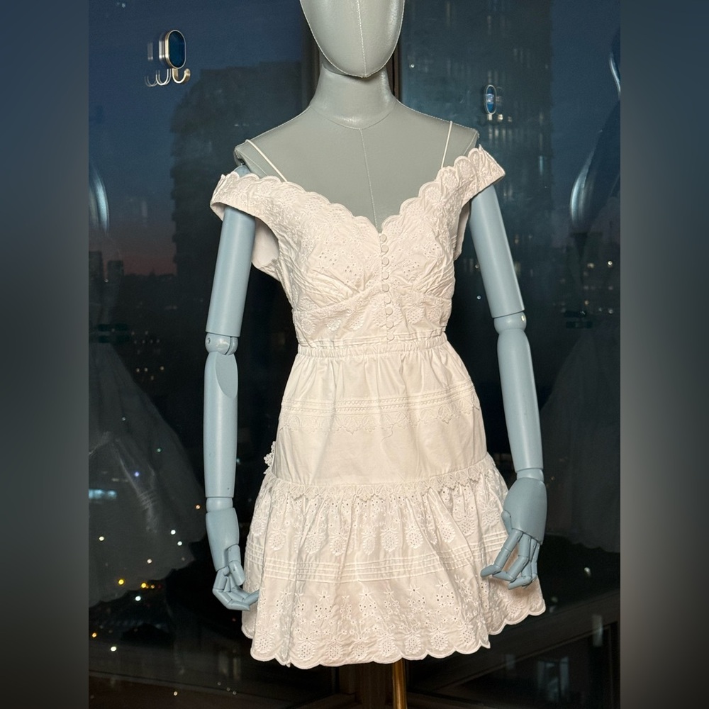 🆕 SELF-PORTRAIT 🧿 NWOT White Scallop Edge Off-Shoulder Mini Dress Sz UK12 US 8 - Picture 10 of 14